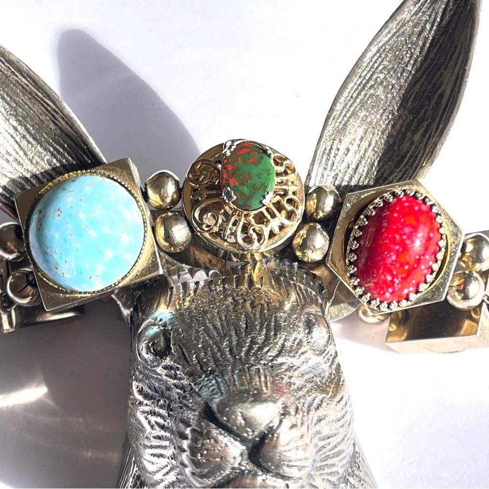 Vintage Signed Kafin NY Slide Panel Bracelet Colorful Cabochon Stones Gold tone